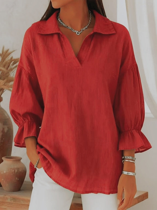 Women's Blouse Faux Linen Shirt Solid Color Stylish Casual