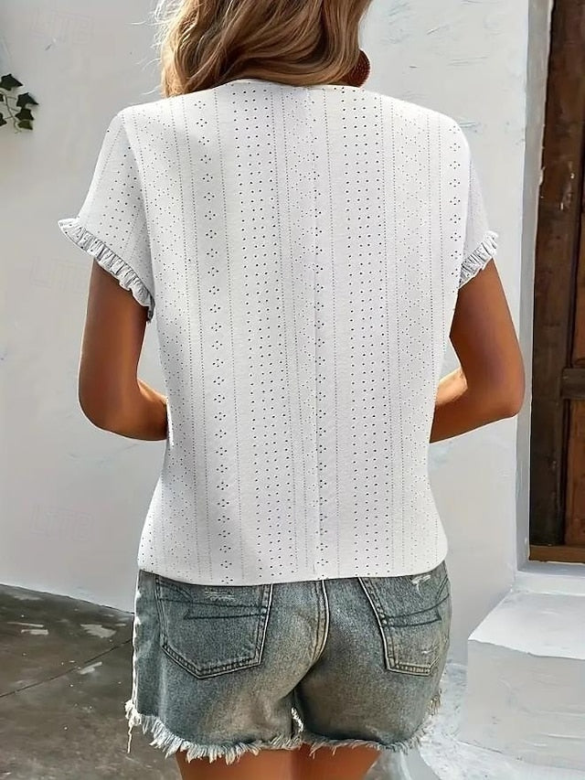 Women's Texture Blouse Eyelet Top Pointelle Tee T Shirt