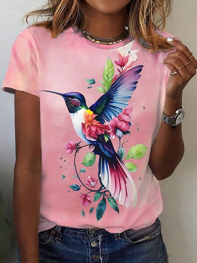 Women's T Shirt Print Floral Bird Casual Short Sleeve Round