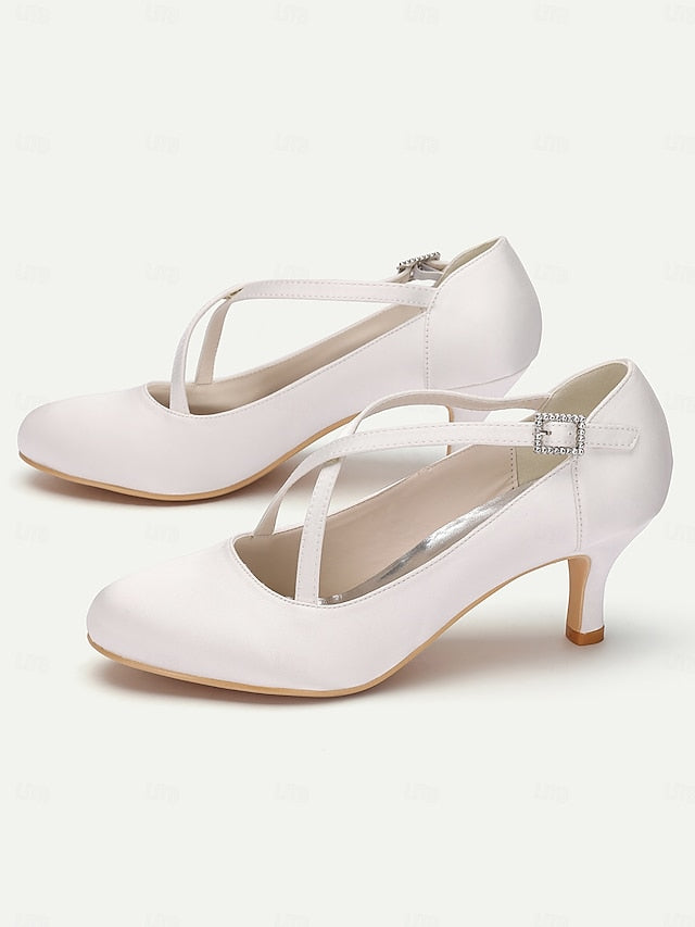 Rhinestone with – Cross-Strap Buckle White Elegant Heels Satin