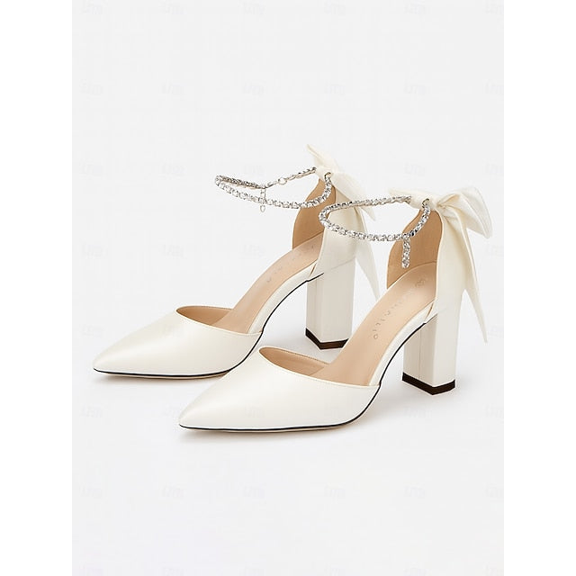 Satin Elegant Toe Block Pointed Heel Ankle Pumps Women's -