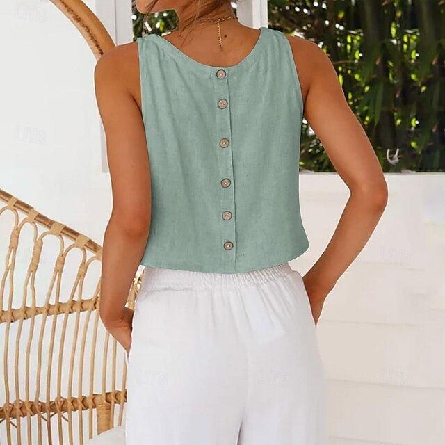 Women's Cotton Linen Vest Tank Top Buttons Vintage Stylish