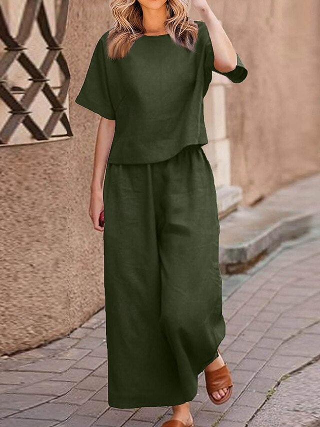 Women's Pants Sets Faux Cotton Linen Short Sleeve Plain