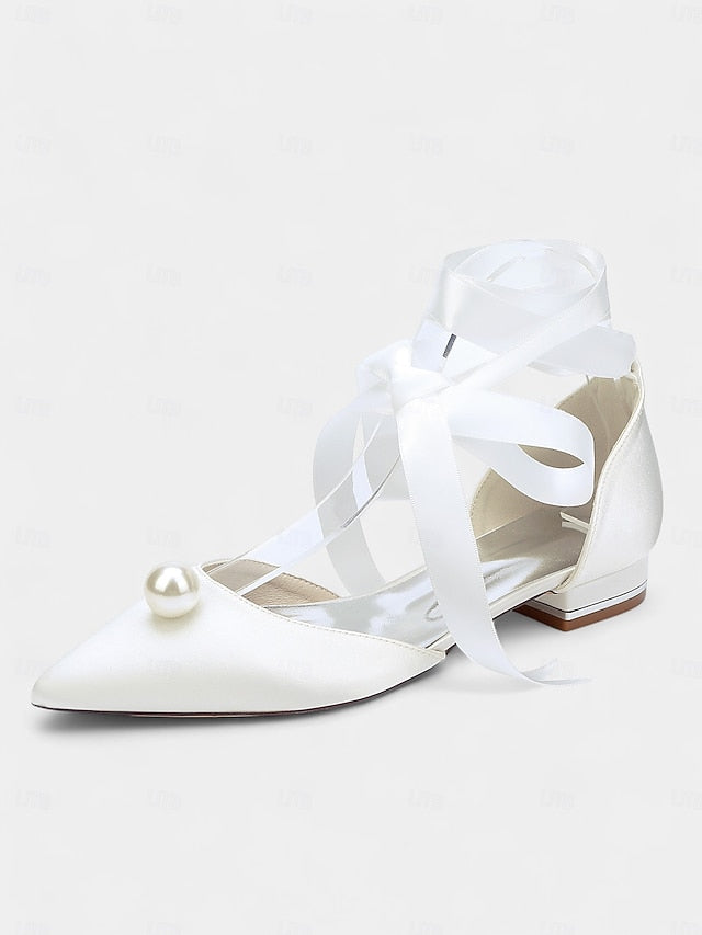 Embellished Flats Pointed Navy Toe Pearl - Women's Satin