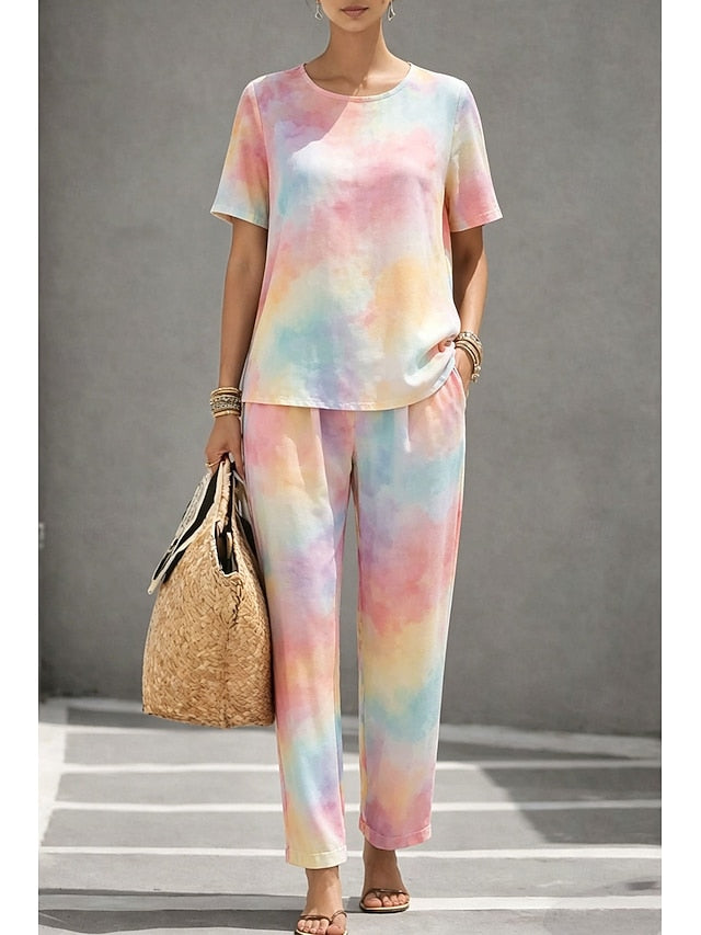 Women's Cotton Linen Sets Short Sleeve Round Neck Ombre