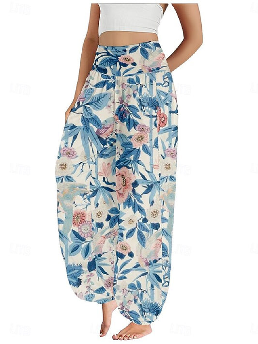 Women's Faux Cotton Linen Wide Leg Pants Trousers Ethnic