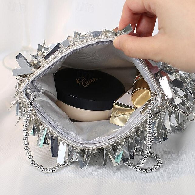 and Crystal Evening Black Clutch Fringe Luxurious Sparkling with