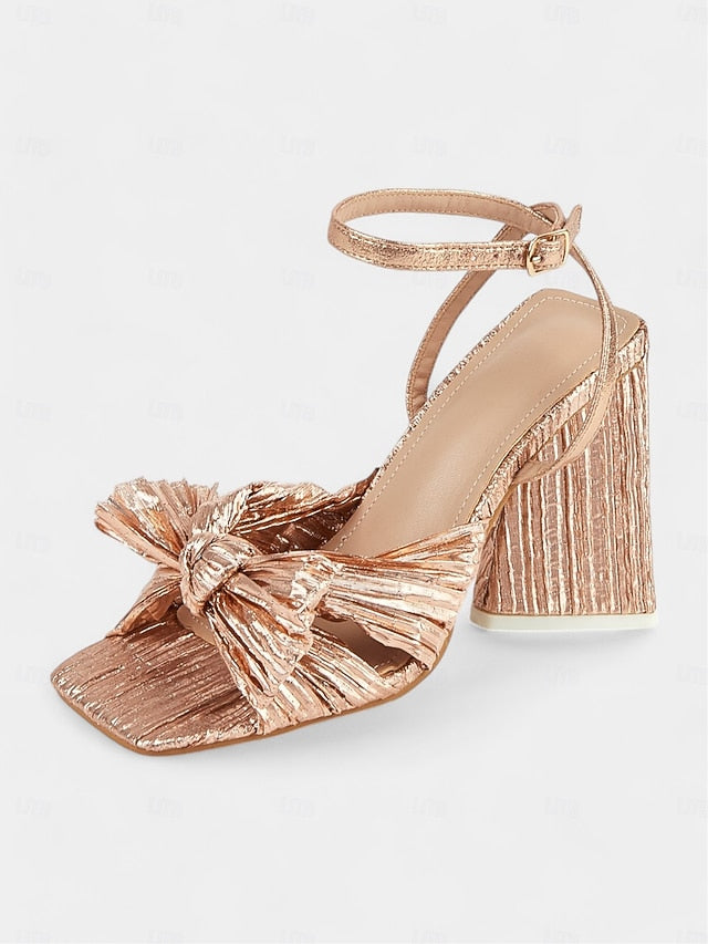 Textured Gold Rose Sandals Heel Knot and with Detail Block