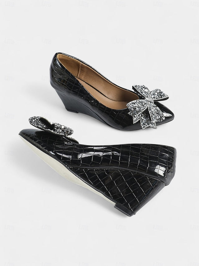Patent Black with Bow Women's Heels Leather Wedge Glitter