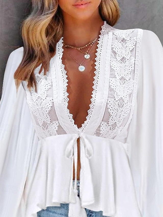 Women's Shirt Boho Shirt Blouse Lace Plain Fashion V Neck