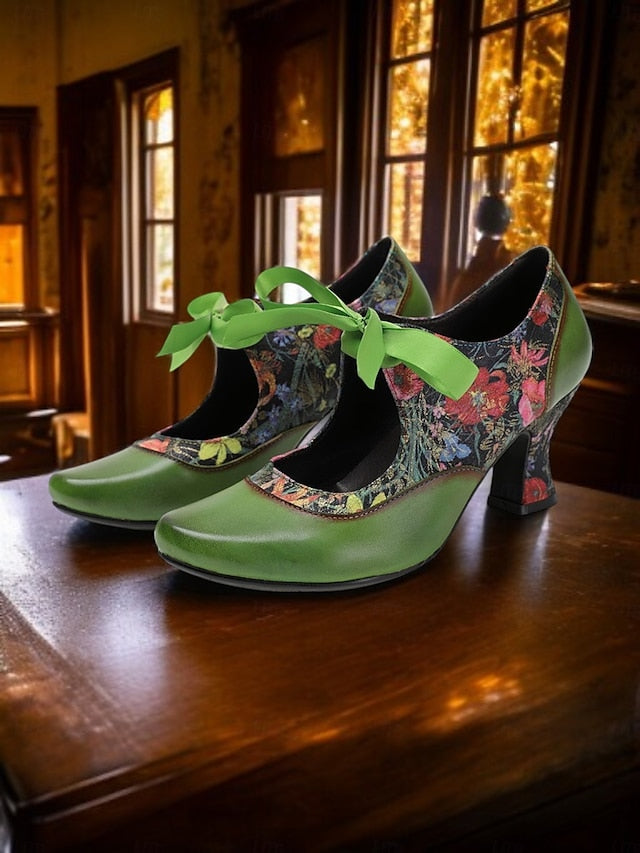 Mary Floral Heels Green Women's with Jane Leather Print