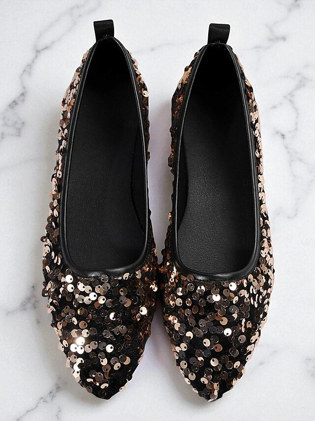 Sequin Women's Ballet Black Flats Toe - Pointed Sparkly