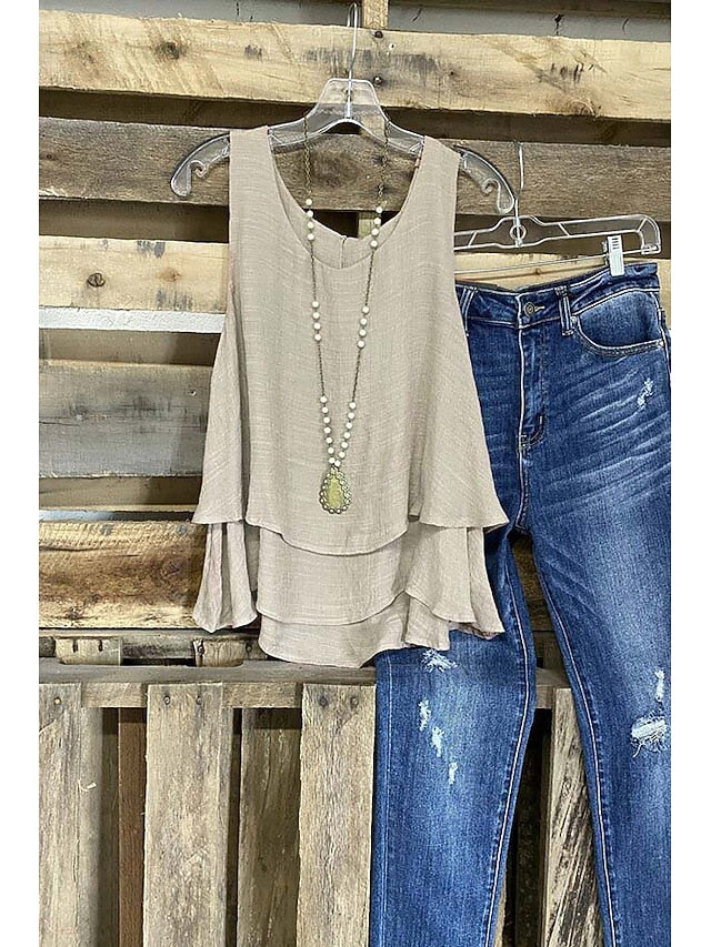 Women's Cotton Linen Shirts Tank Top Layered Plain Basic