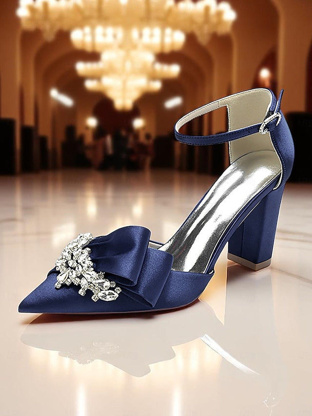 Heel with Satin Women's and Bow Block Crystal Pumps