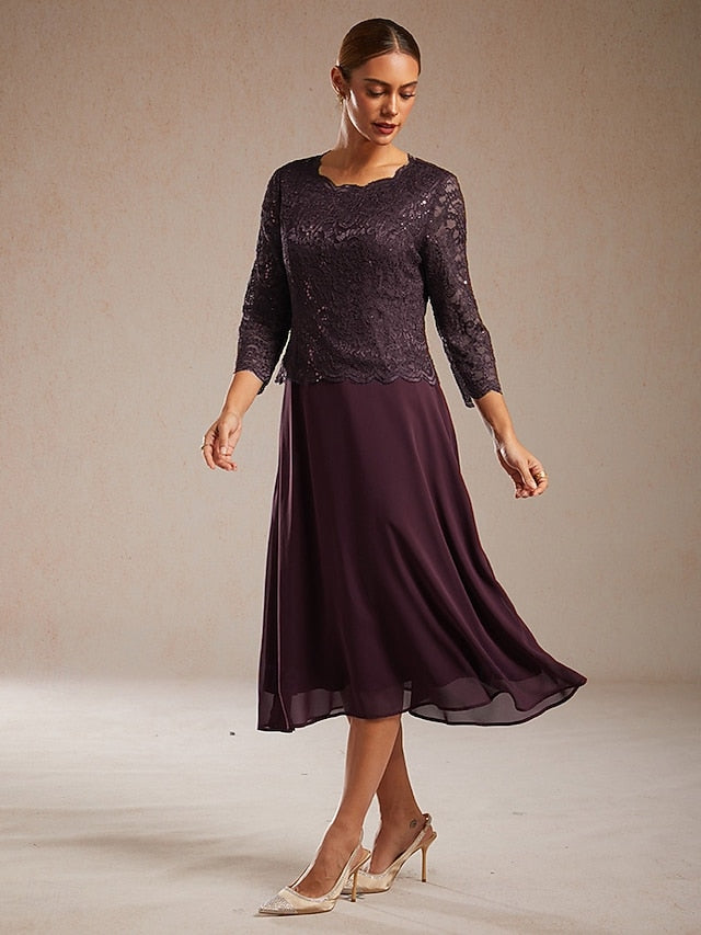 Women's Midi Dress Chiffon Dress Elegant Solid Color 3/4