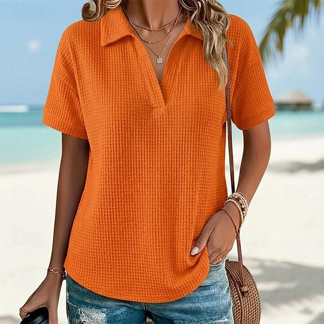 Women's T Shirt Polo Shirts Waffle Knit Tops Tee Top Plain