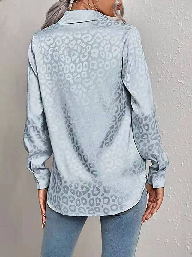 Women's Shirt Elegant Satin Top Blouse Buttons Leopard