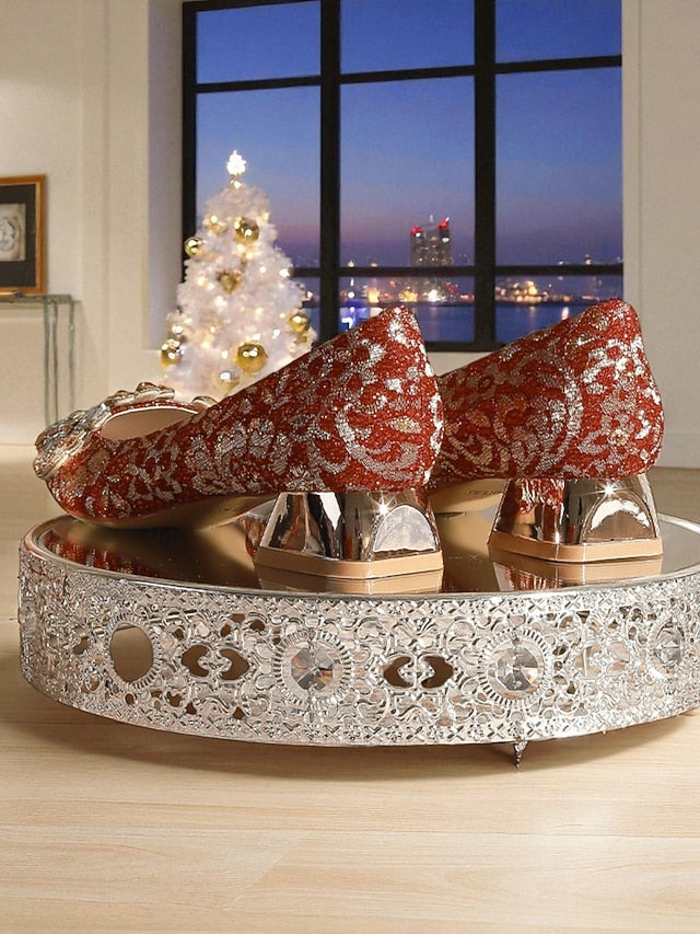Women's Red Pointed-Toe Flats Rhinestone Embellished