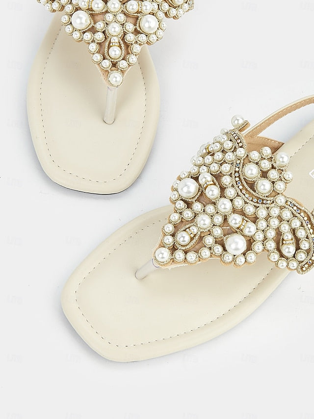 Women's T-Strap Sandals Pearl-Embellished – Flat Elegant