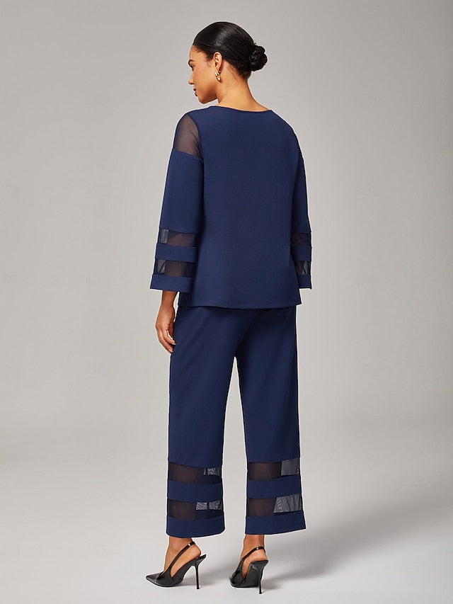 Women's Navy Blue Modal Chiffon Matching Set Fitted Blouse