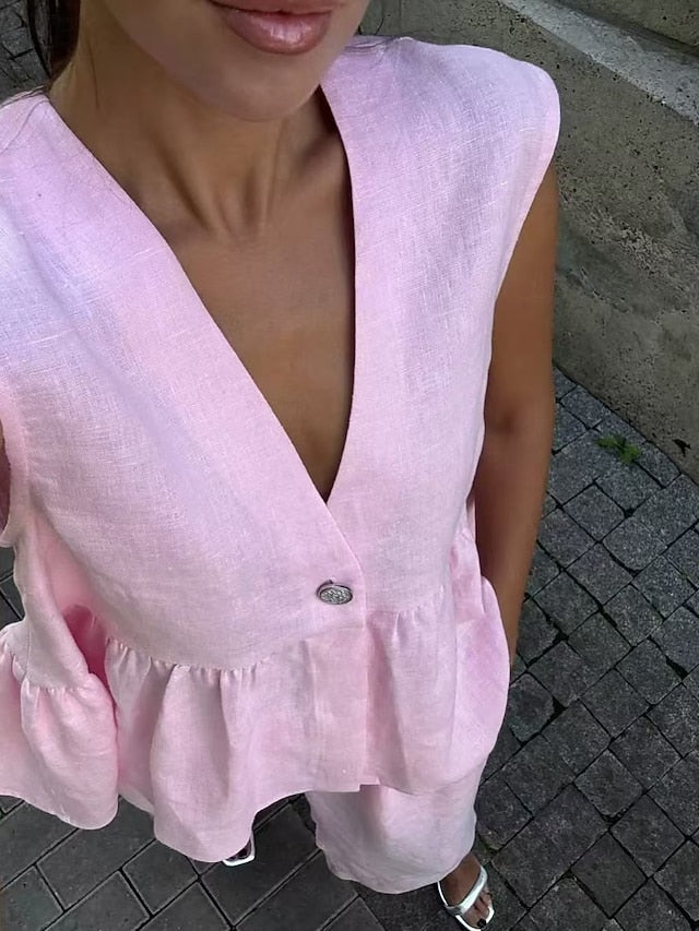 Women's Cotton Linen Sets Blouse Vest Sleeveless V Neck
