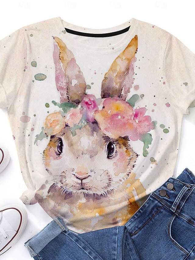 Women's Bunny Rose Crown T-shirt Blue Floral Crew Neck