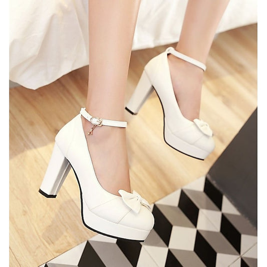 Women's Heels White with Detail – Bow Chunky Elegant