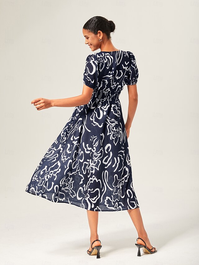 Abstract art print Linen-Like Fabric Waist-Cinching Maxi Dress