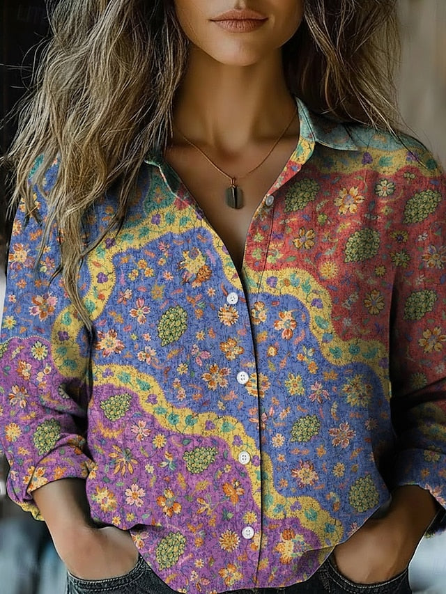 Women's Shirt Faux Cotton Linen Buttons Print Sun Bohemia