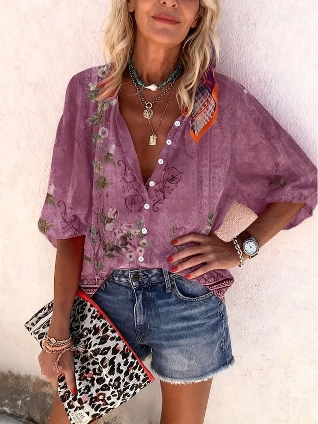 Women's Shirt Print Ombre Floral Graphic Bohemia Vintage