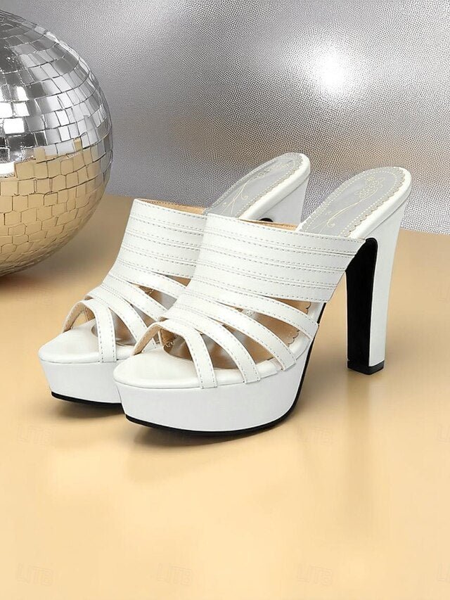 Mule Heels Strappy Open-Toe Platform - Women's White