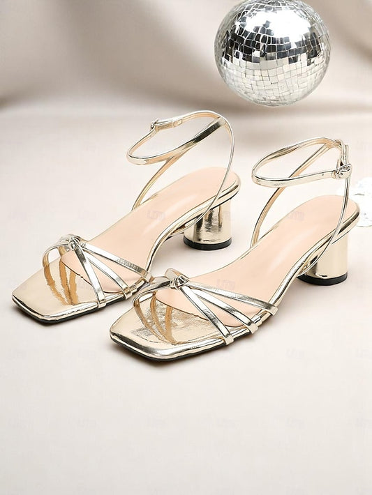 Heels Women's Ankle – Gold Shiny Block Metallic Strap