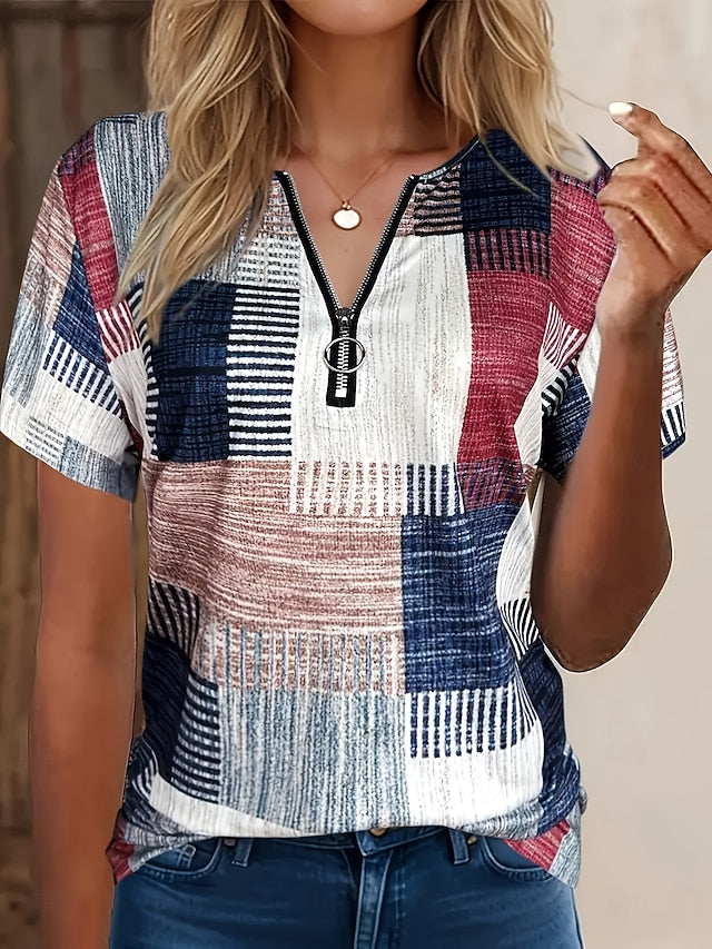 Women's T Shirt Quarter Zip Graphic Geometric Tropical