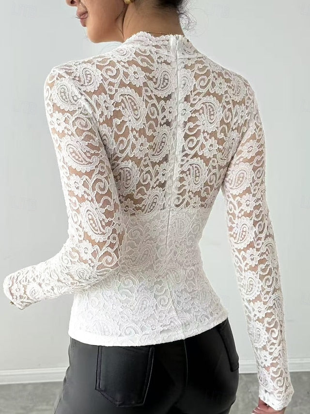 Women's Blouse Lace Tops Lace Patchwork Zipper Plain