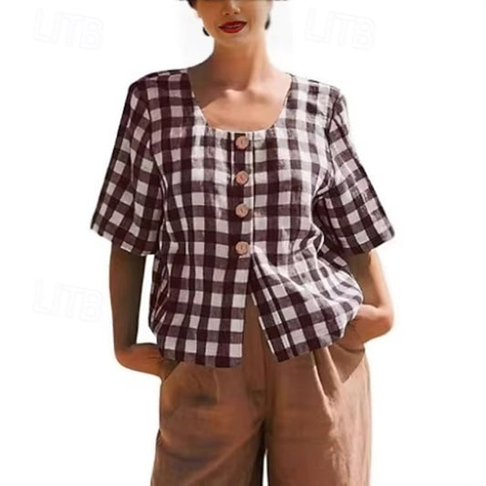 Women's Summer Shirt Casual Shirt Blouse Buttons Plaid