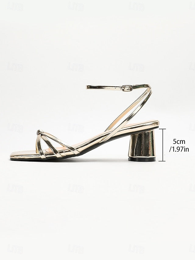 – Shiny Heels Women's Gold Strap Metallic Ankle Block