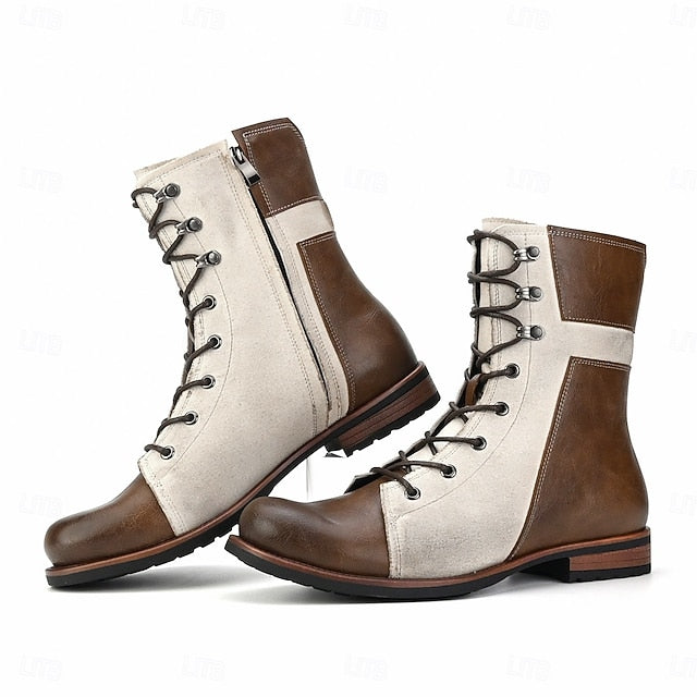 Mid-Calf Two-Tone Lace-Up Leather Faux Men's Vintage Boots