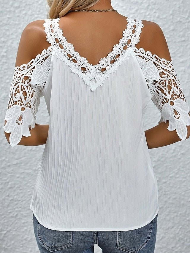 Women's Blouse Stylish Modern Solid Color Lace Short Sleeve