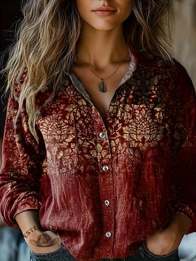 Women's Shirt Floral Retro Vintage Ethnic Long Sleeve Shirt