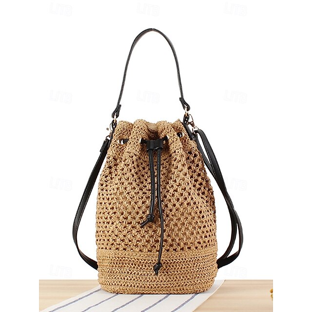 - Drawstring Summer Bucket Bag Woven Women’s Stylish with Tote