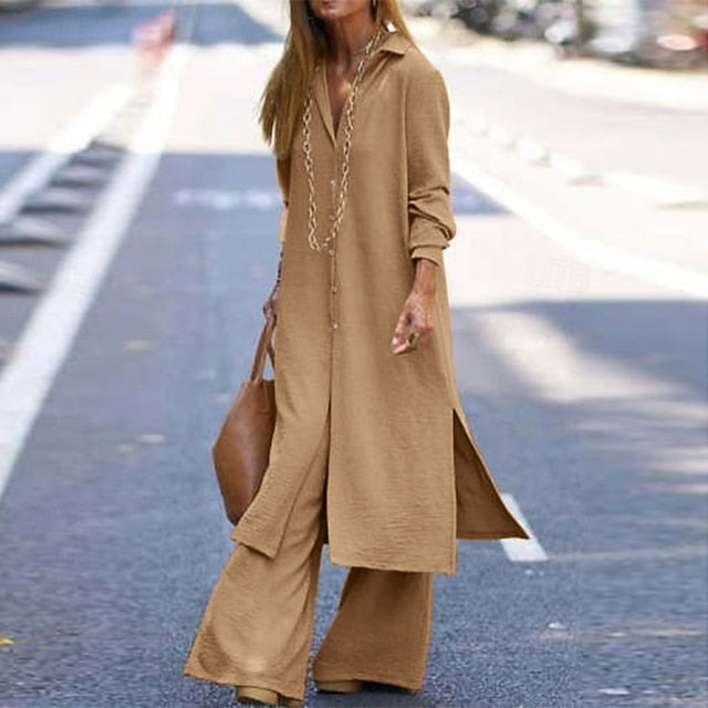 Women's Blouse Pants Sets Long Sleeve Shirt Collar Solid