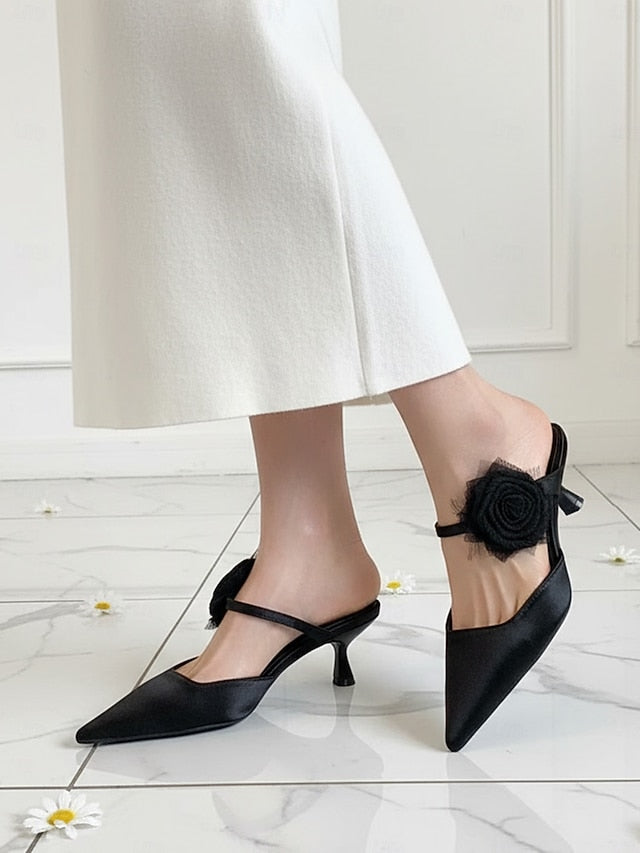 Toe Floral Heels with Green Women's Pointed Ankle Satin