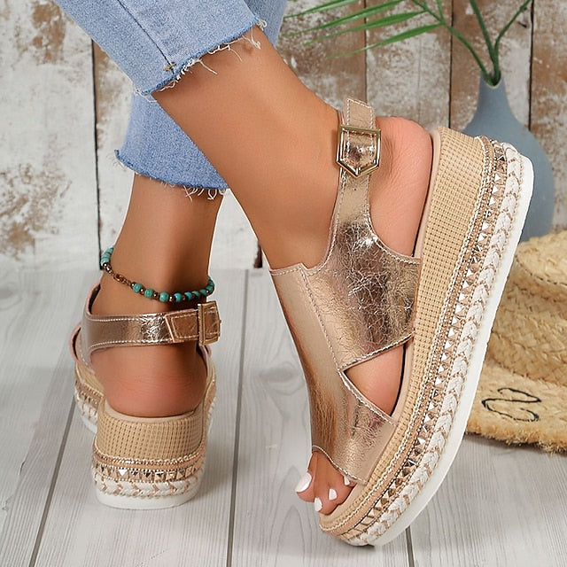 Leather Metallic Gold Espadrille Faux Platform Women's