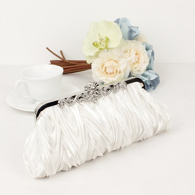 Women's Pleated White Elegant Evening Satin Clutch –
