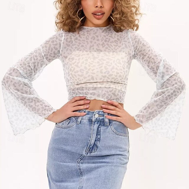 Retro Vintage 1970s Groovy Crop Top Bell Sleeve Disco Mesh Round