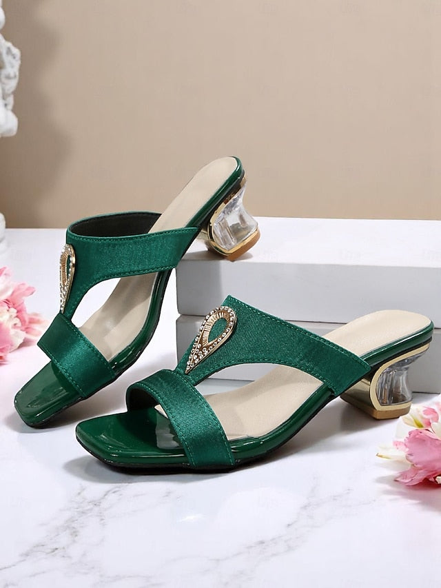 Sandals Rhinestone with Satin Green Slide Women's