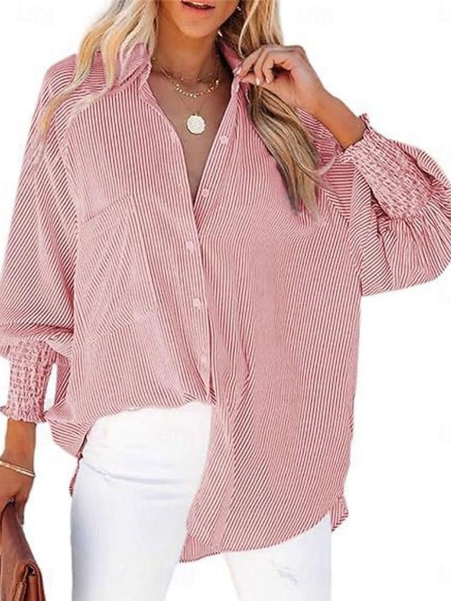 Women's Blouse Buttons Print Striped Stylish Casual Long