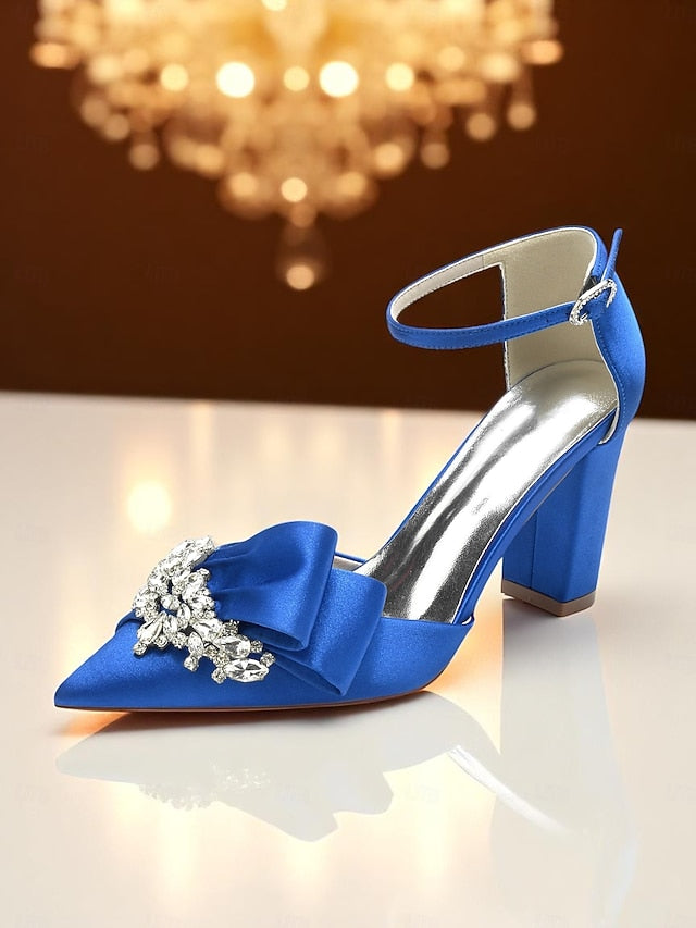 Heel with Satin Women's and Bow Block Crystal Pumps
