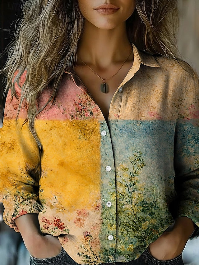 Women's Shirt Faux Cotton Linen Buttons Print Sun Bohemia