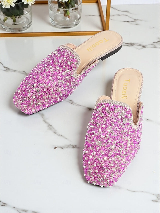 Embellished Pink and Rhinestone - Mules Pearl Women's